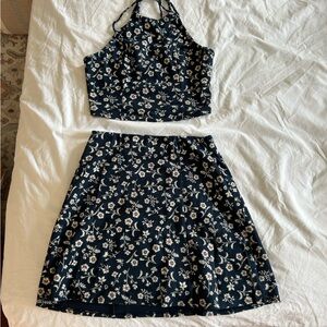 Hollister XS navy floral matching set knit stretch (both top and skirt)